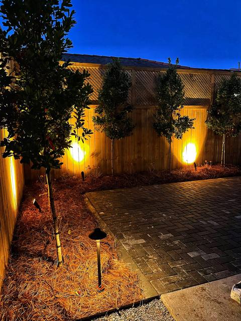 A herringbone paver patio at dusk, trees uplit against a cedar privacy fence